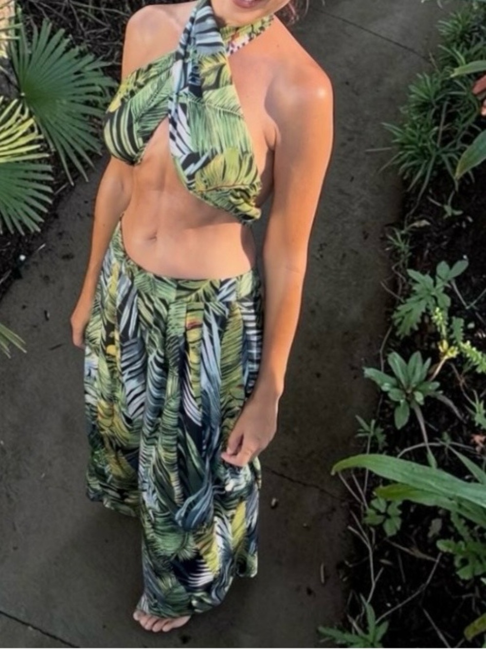 Tropical Leaf Print Halter Top and pants Set - Green